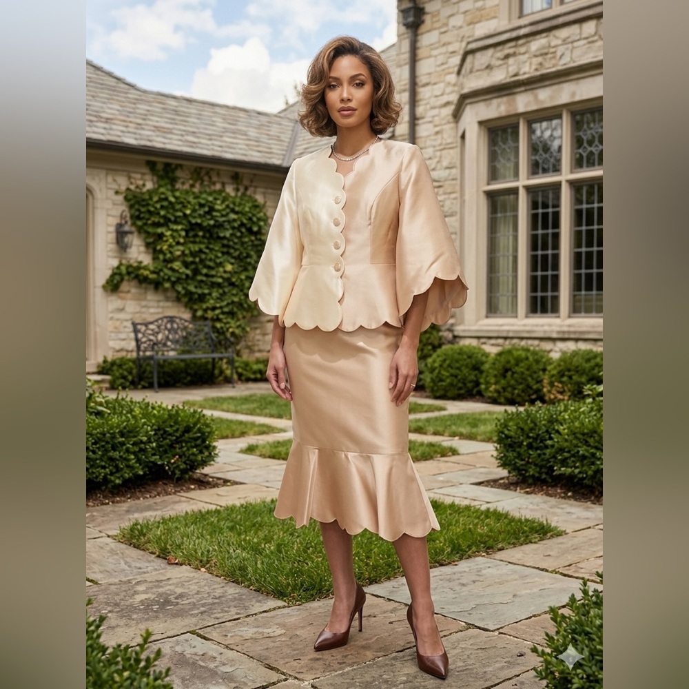 G.M.I. 2 tone beige skirt suit set scalloped edges mermaid-hem church wedding 10